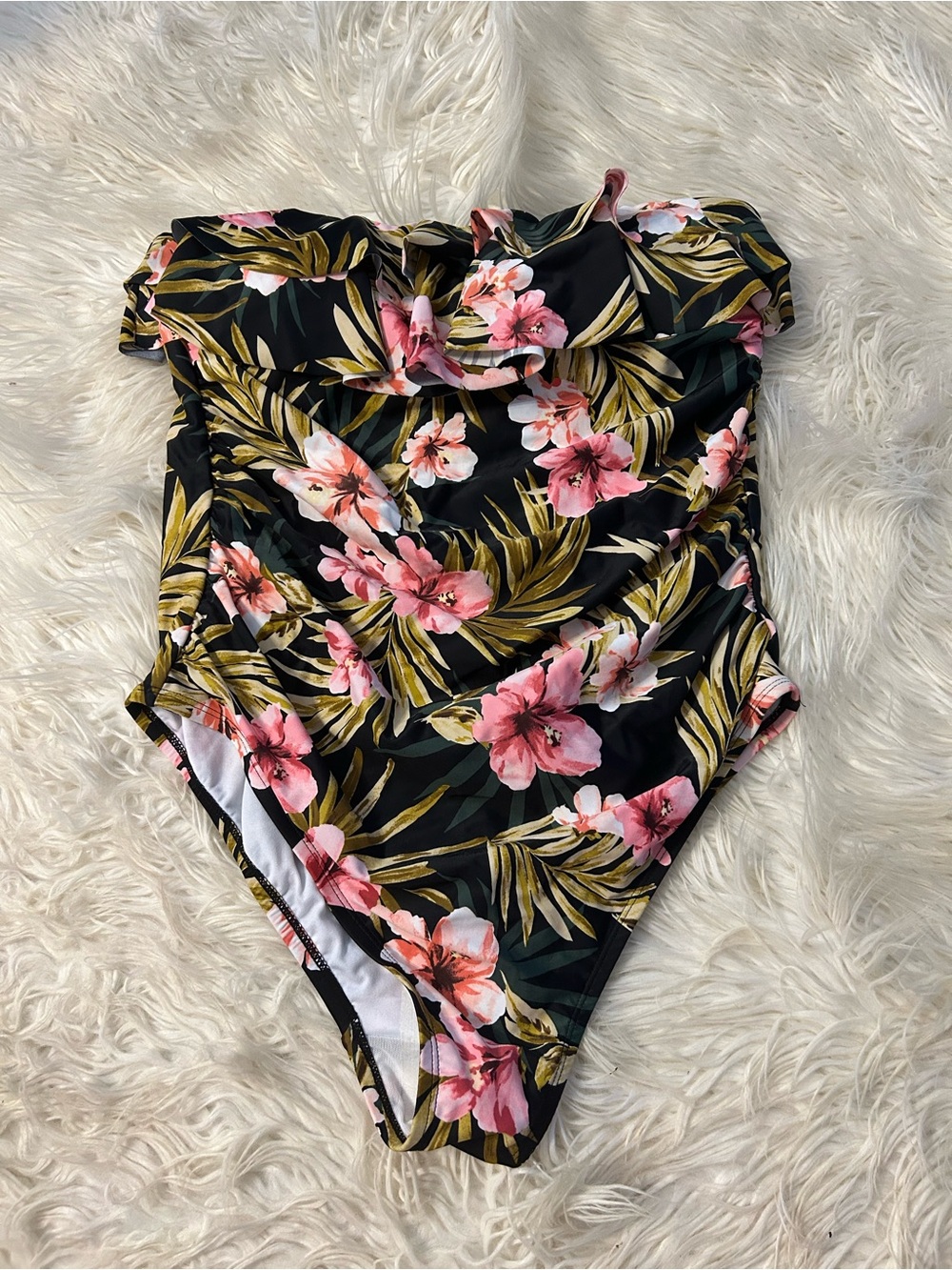 Floral One-Piece Swimsuit - Black with Pink Flowers